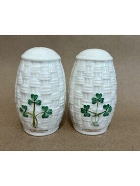 Belleek Ireland Vintage Porcelain Hand Painted Shamrock Salt & Pepper Shakers